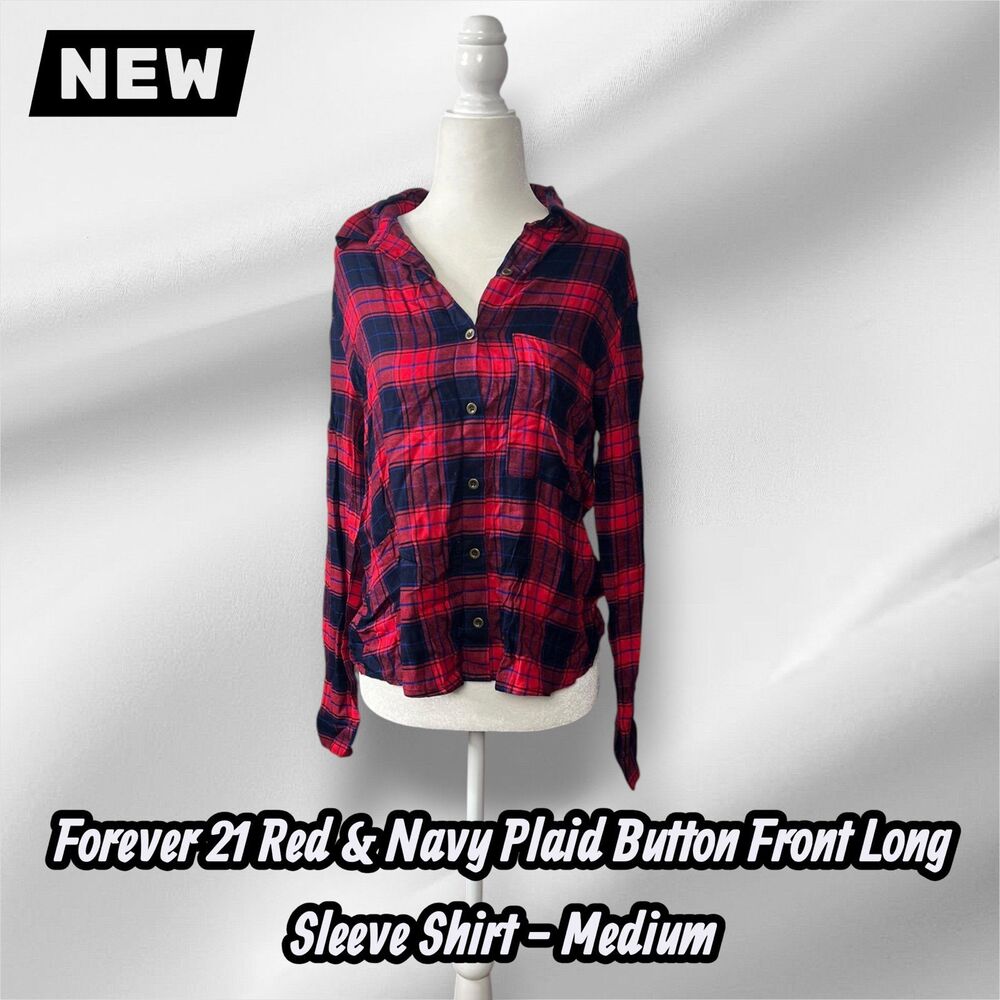 NEW Forever 21 Red & Navy Plaid Button Front Long Sleeve Shirt Size Medium